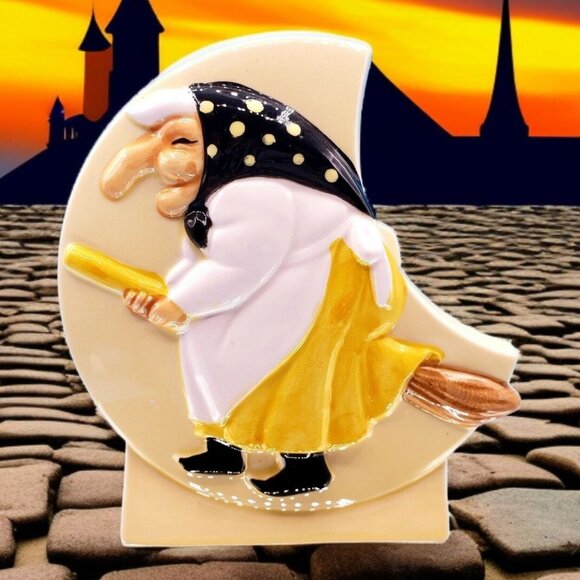 Vintage Kitchen Witch Napkin Holder Yellow Black Health & Happiness Japan 1950s - Picture 1 of 10